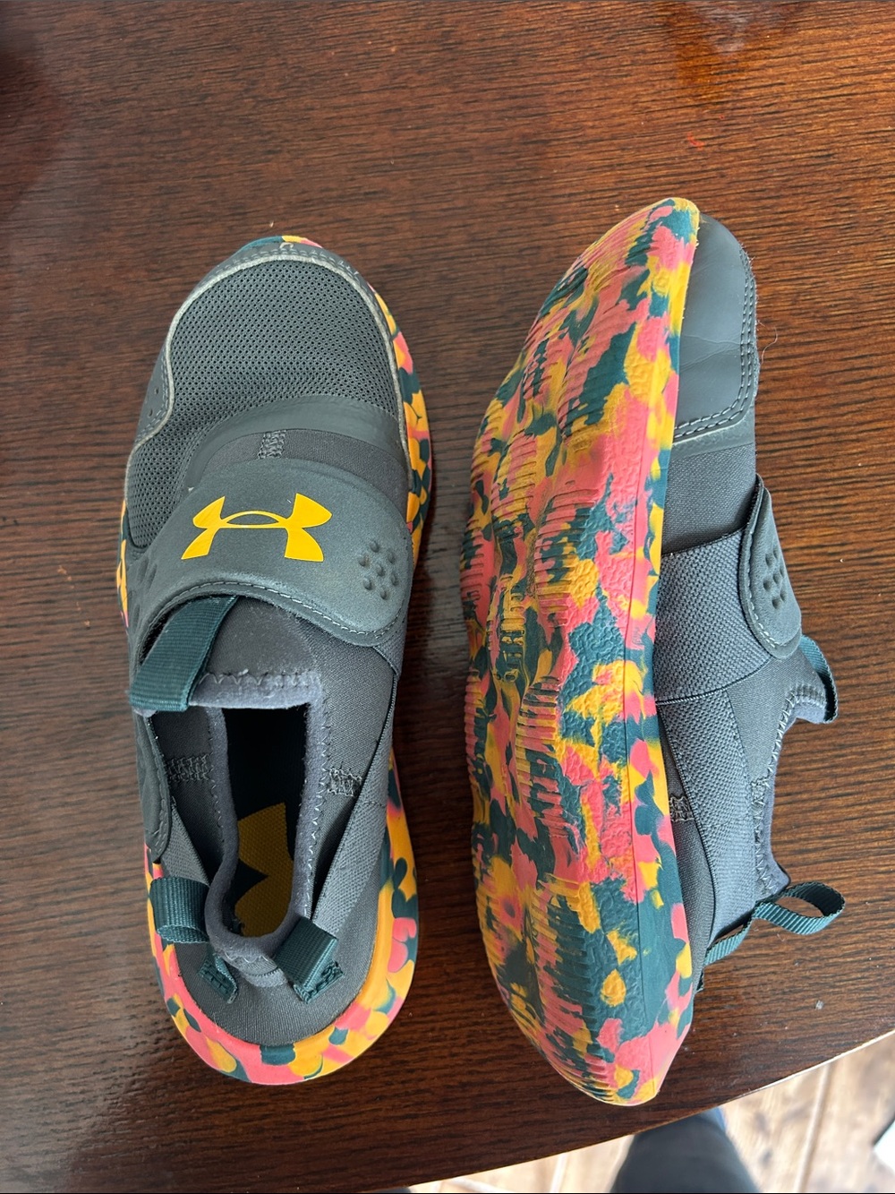 Under Armour Kids Gray Slip-On Sneakers with Yellow Logo and Multicolor Sole